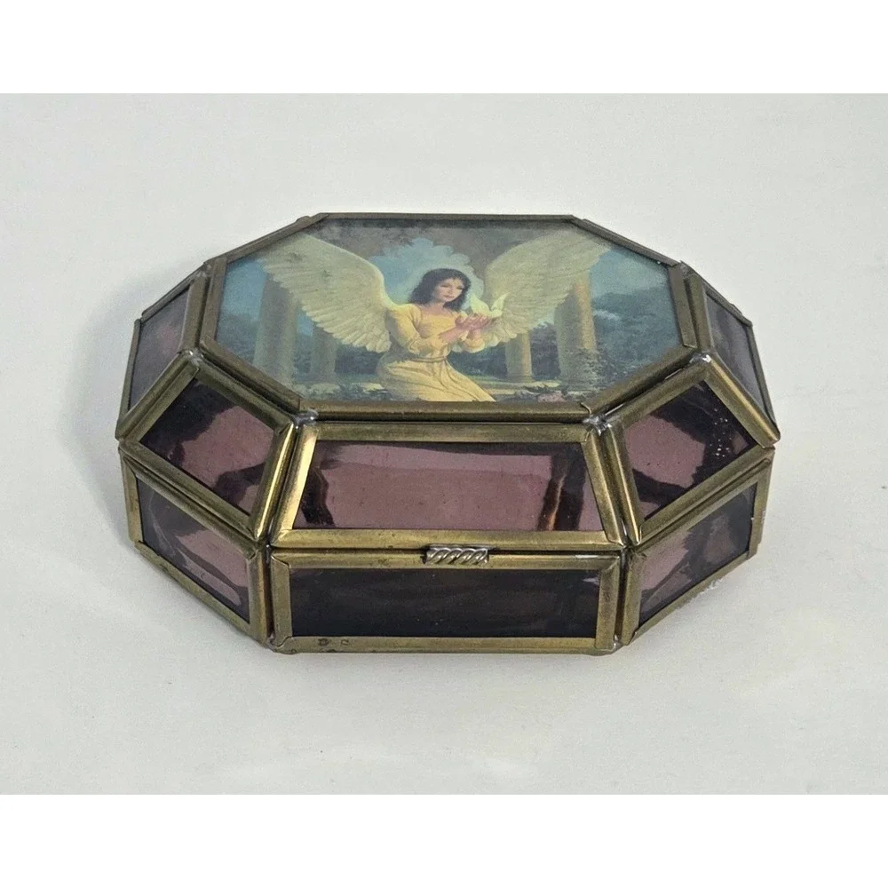 VIVA! Mexico Brass Trinket Box Hinged Purple Glass Panel Hexagonal Vintage Angel